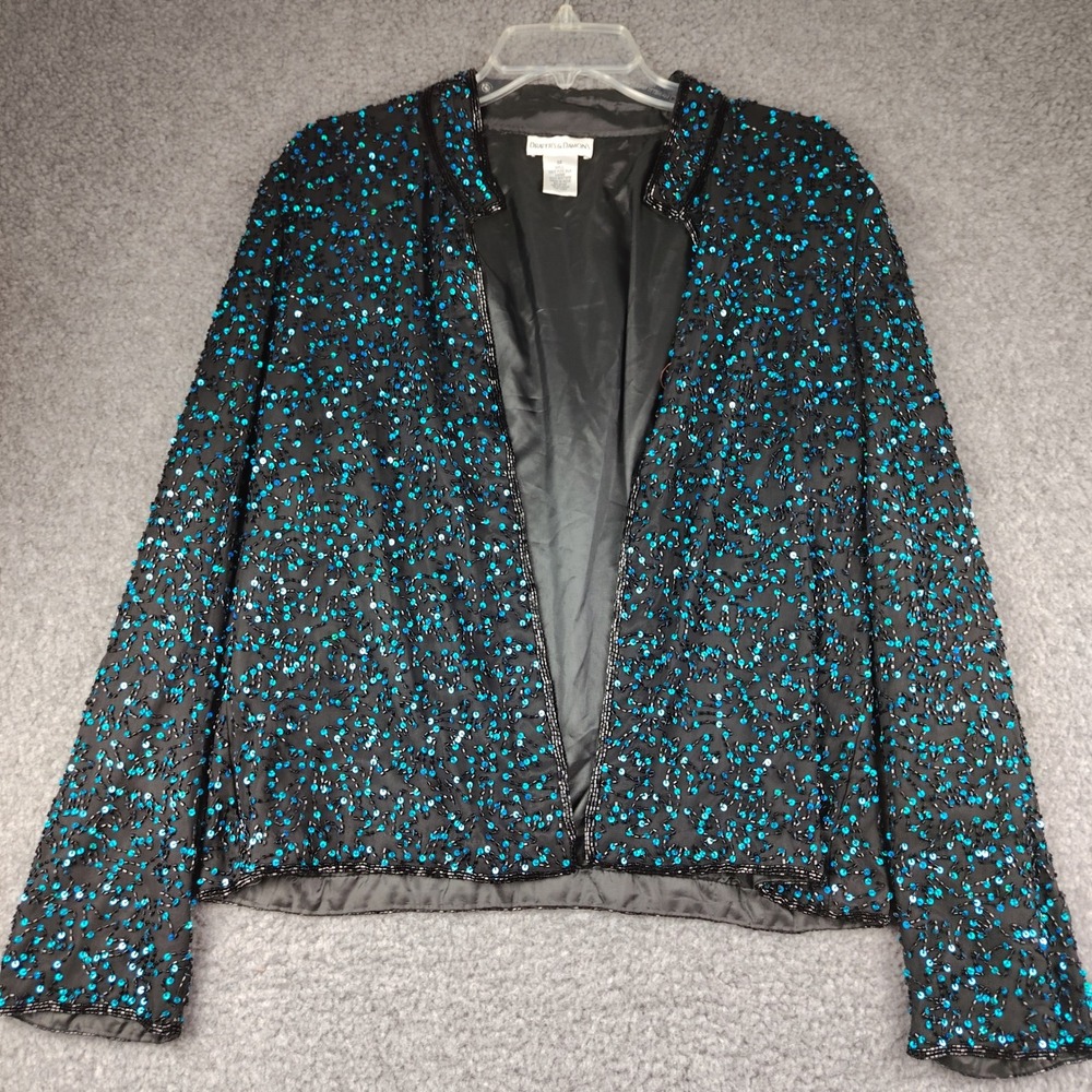Drapers & Damons Silk Sequin Beaded Jacket Womens 12 Teal Blue Black Open Front